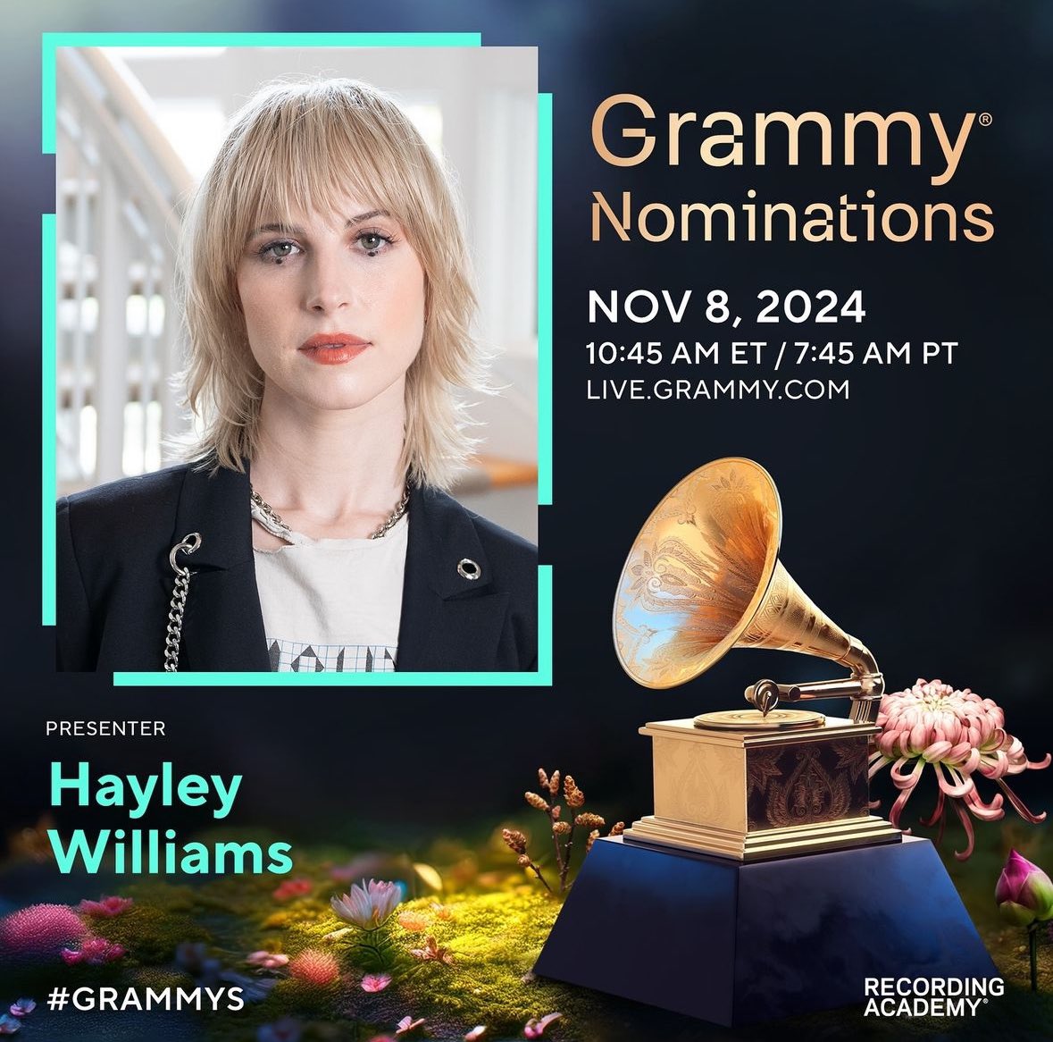 hayley will be presenting at the upcoming 67th #Grammys Award show this November 8th (10:45am ET / 7:45am PT)