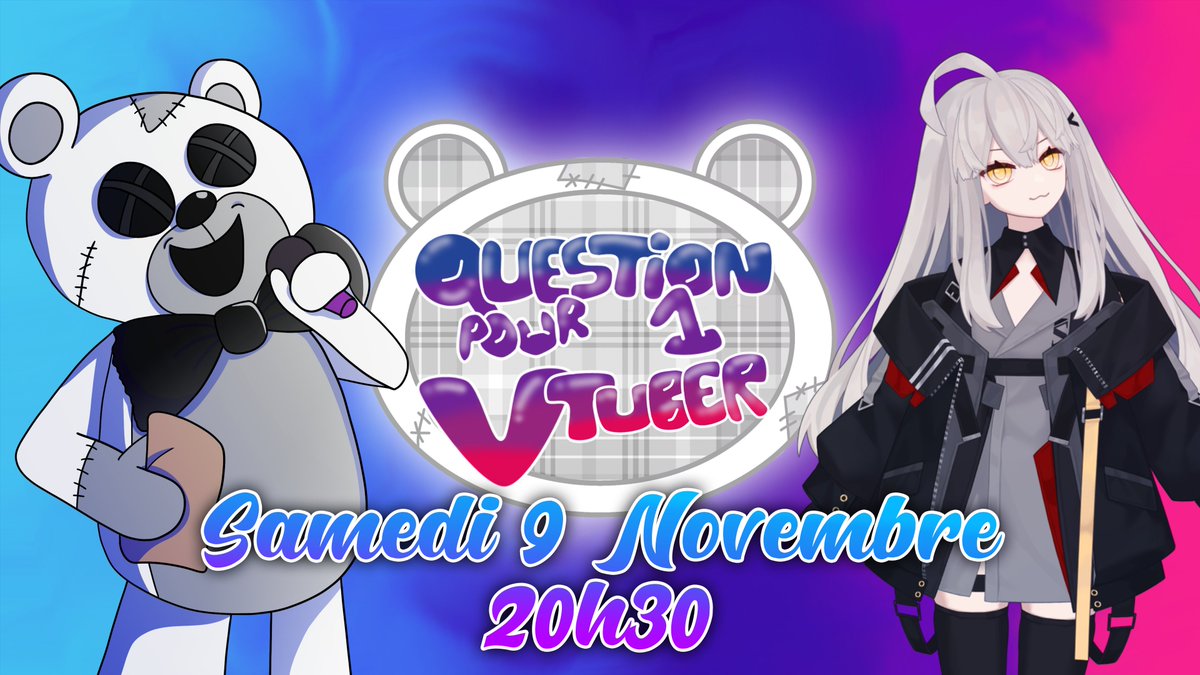 Grosse Annonce !
Question Pour Un Vtuber
Samedi 9 Novembre à 20h30
Présenté par moi et @KnoulinX nous poseront des questions de culture internet, Vtubing, japonaise et évidemment de Géographie !
avec : <a href="/SunyahX/">Sunyah 👾 🌸 en hiatus indéterminé</a> <a href="/okplonk/">OkPlonk 🔥Vtuber Experimental</a> <a href="/Erminael/">🍬 Erminael 🍬 Vtuber Artist | Comms Open</a> <a href="/mary__misaki/">Mary Misaki 🌹🍷 Artist</a> <a href="/AmeAndGrimm/">Ame And Grimm</a> !!!