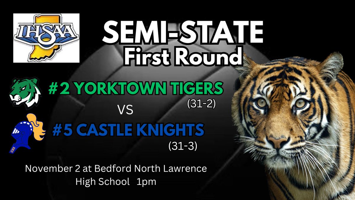 Yorktown Volleyball (@yvbtigers) on Twitter photo Yorktown (31-2) plays Castle (31-3) in the first round of Semi-State tomorrow 11/2 at 1pm. Game will be played at Bedford North Lawrence High School. Bus send off for the girls at 8am from the high school.
Ticket link: public.eventlink.com/tickets?t=99595
<a href="/YorktownHighSch/">Yorktown High School</a> <a href="/YHSAthletics/">Yorktown Athletics</a> Yorktown (31-2) plays Castle (31-3) in the first round of Semi-State tomorrow 11/2 at 1pm. Game will be played at Bedford North Lawrence High School. Bus send off for the girls at 8am from the high school.
Ticket link: public.eventlink.com/tickets?t=99595
<a href="/YorktownHighSch/">Yorktown High School</a> <a href="/YHSAthletics/">Yorktown Athletics</a>