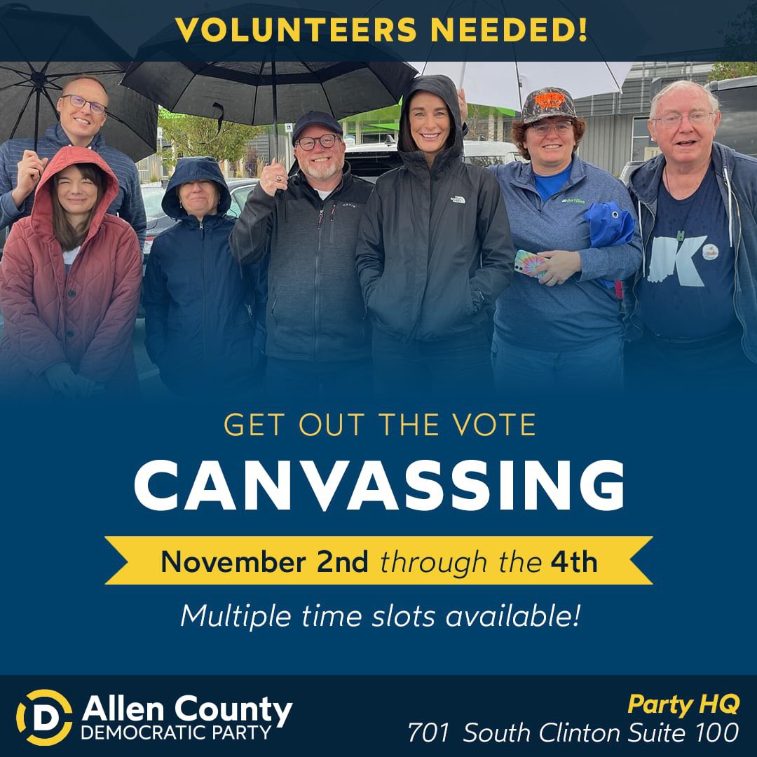 ✊🚪 VOLUNTEERS NEEDED 🇺🇸🗳

We need canvassing volunteers this weekend. Personal contact is one of the most effective ways to enact community outreach and increase election day voting turnout.

Sign Up❗️ tinyurl.com/ACDPCanvass

We are 4️⃣ days from Election Day. #AllenCountyDems