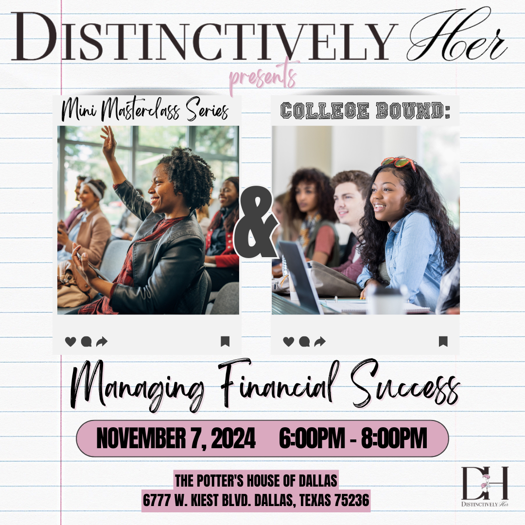 Serita Jakes (@firstladyjakes) on Twitter photo Ladies, we want to help you take control of your financial success. Join #DistinctivelyHer for dinner and a Mini Master Class designed for women of all generations, at 6 p.m. on Thursday, Nov. 7, at <a href="/TPHDallas/">The Potter's House</a>.
It’s free, but you need to register at bit.ly/DHMasterClass Ladies, we want to help you take control of your financial success. Join #DistinctivelyHer for dinner and a Mini Master Class designed for women of all generations, at 6 p.m. on Thursday, Nov. 7, at <a href="/TPHDallas/">The Potter's House</a>.
It’s free, but you need to register at bit.ly/DHMasterClass