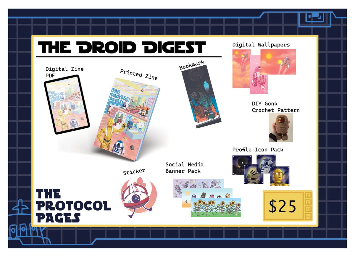 saphizzle's tweet photo. The star wars droid zine that I got to make a print, sticker and page art for JUST opened pre-orders!! There's an extra fun standee for the first 30 people that order a full bundle too! This zine's proceeds will go to charity :) 

https://t.co/fxjkOqrmSR https://t.co/2thjPE5vOi