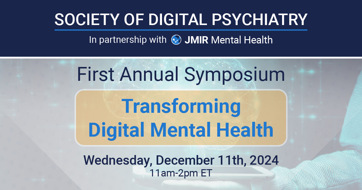 The future of mental health care is digital. At the 2024 FREE Society of Digital Psychiatry Symposium, experts will discuss new tech, groundbreaking research, and what’s next for #MentalHealth.

🗓️ December 11, 2024
🔗 Don’t miss out: bit.ly/4fu7vJH

<a href="/JohnTorousMD/">John Torous, MD MBI</a>
