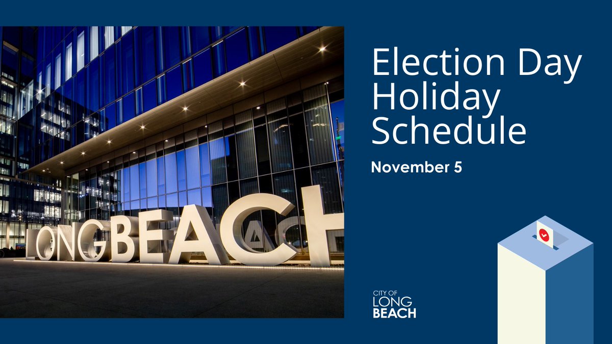 In observance of #ElectionDay, Tuesday, 11/5, some City of Long Beach facilities will be closed &amp; services may be impacted. The City annually observes the first Tuesday in November as a Citywide holiday, regardless of election activity in Long Beach. 🔗 bit.ly/4f0DYHP