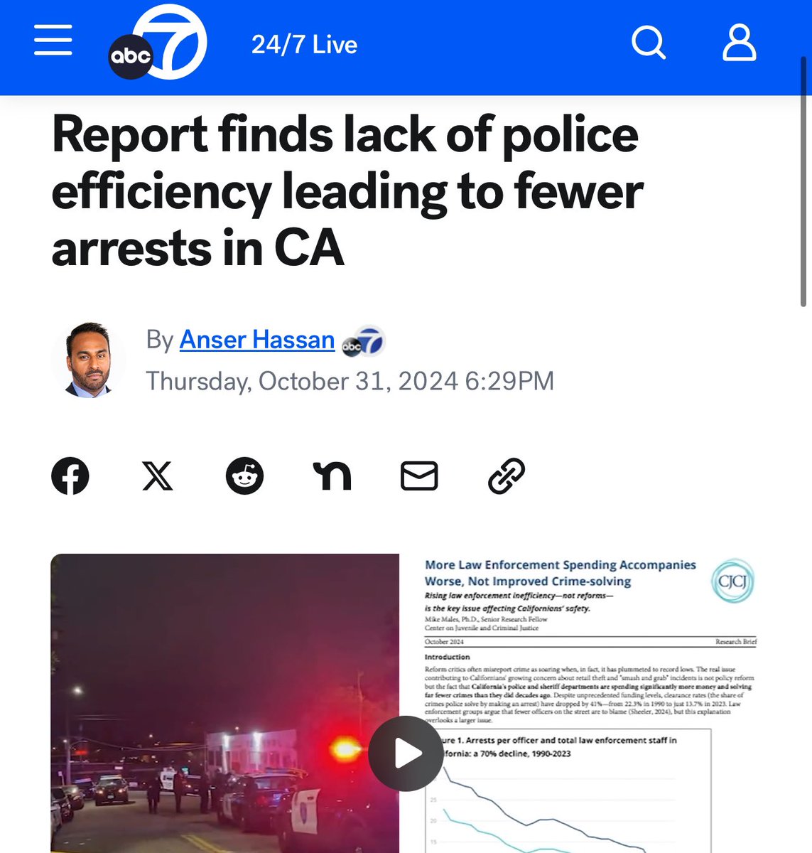 “A new report released by the Center for Juvenile and Criminal Justice on Thursday finds that despite the huge increases in police funding, departments are solving fewer crimes than ever. The report claims the real crisis is lack of police efficiency.”

abc7news.com/post/report-fi…