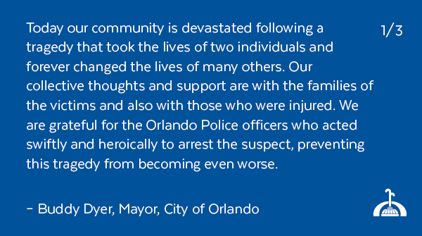 orlandomayor's tweet photo. Our community is devastated following a tragedy that took the lives of two individuals and forever changed the lives of many others. As we send our collective support to those impacted, we're continuing to leverage every single tool available to keep our city safe. https://t.co/XEOftveJ9P