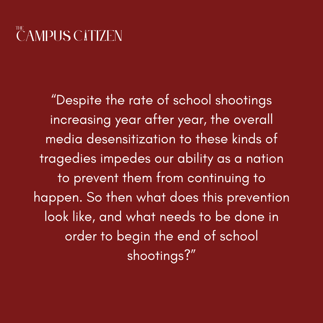 As of Oct. 23, there have been 58 school shootings. In light of these events, and the upcoming election, many people are asking what can be done to prevent events like those seen at Apalachee from happening again.
✍ Abby Godsen
🎨 Hanne Brandgard
