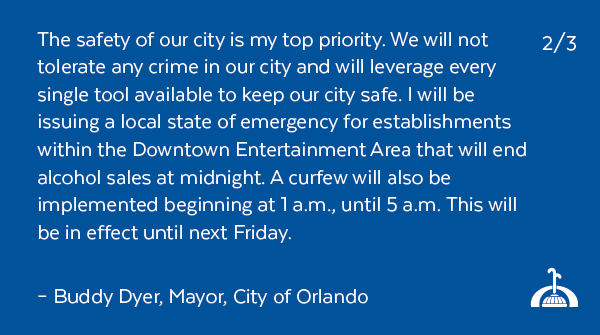 orlandomayor's tweet photo. Our community is devastated following a tragedy that took the lives of two individuals and forever changed the lives of many others. As we send our collective support to those impacted, we're continuing to leverage every single tool available to keep our city safe. https://t.co/XEOftveJ9P