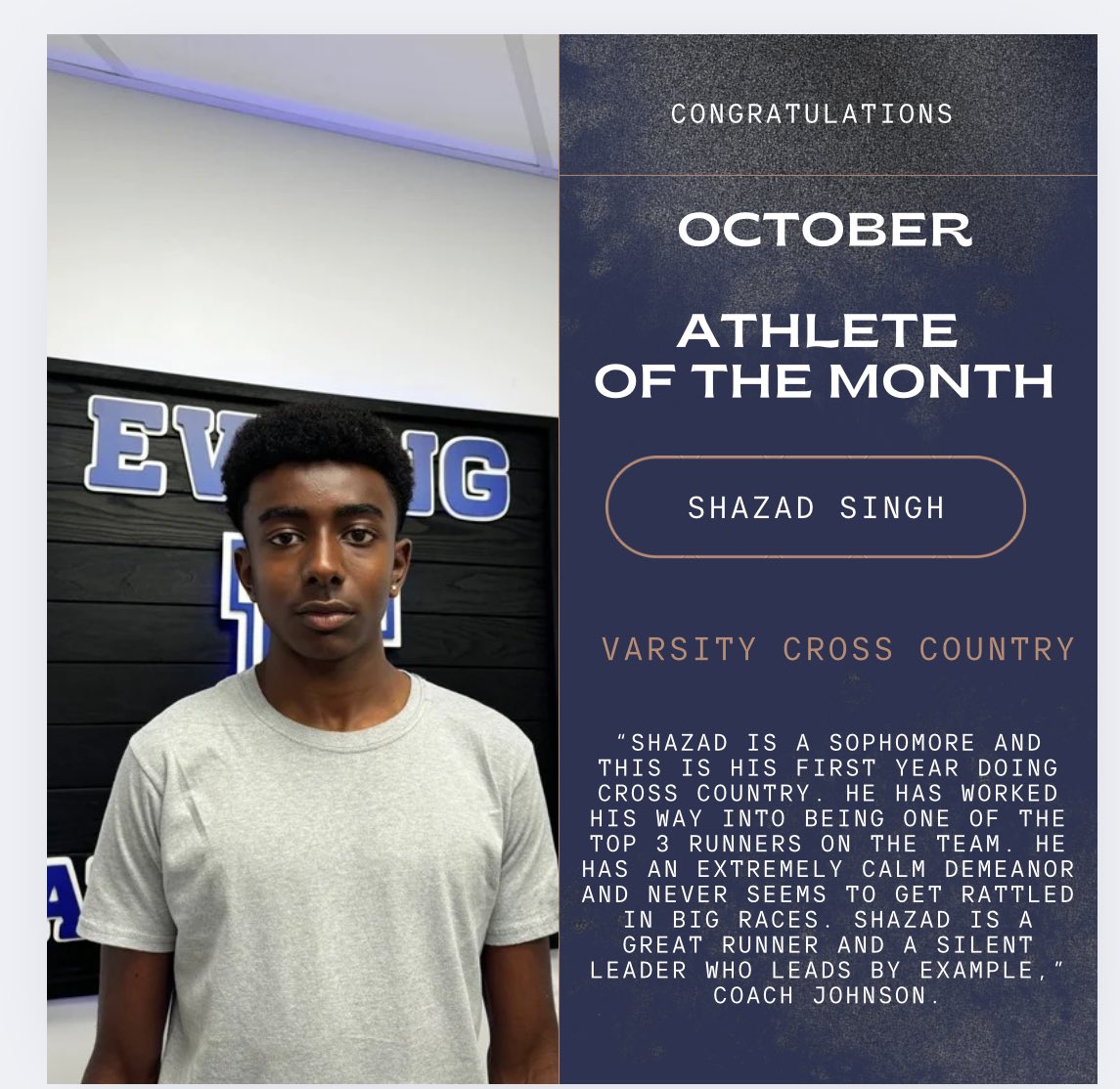A big congrats goes out to Shazad Singh-October Athlete of the Month for XC!
