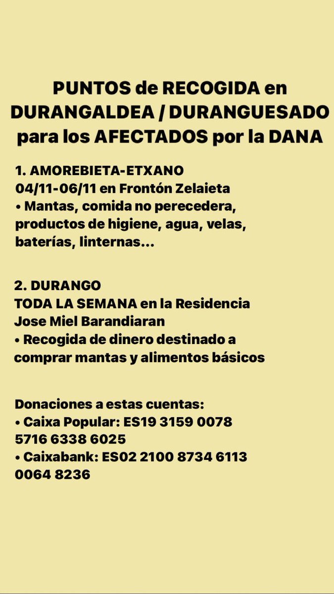 ssinmaas's tweet photo. Puntos de recogida en Durangaldea / Duranguesado (Bizkaia) para los afectados por la DANA 

compartidlo sobretodo los de Euskadi por favor🙏🏻 https://t.co/EzNIe0KH5x