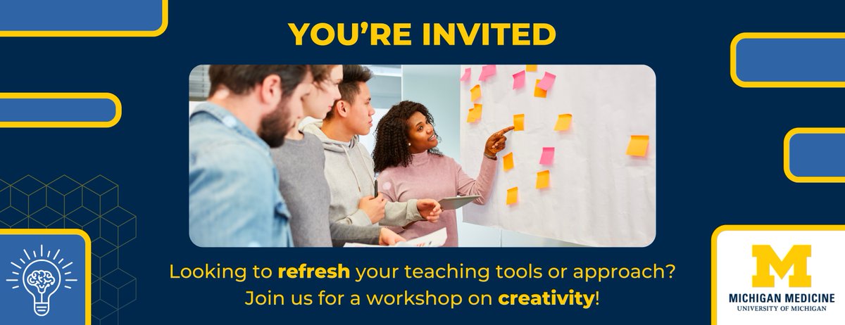 Are you ready to transform your approach to health science education? Join RISE and the Academy for Medical Educators for a creativity workshop on Mon., Dec. 2, from 5:30pm-7:00pm, at 6000 Taubman Health Sciences Library.

RSVP here: michmed.org/Vn3yP