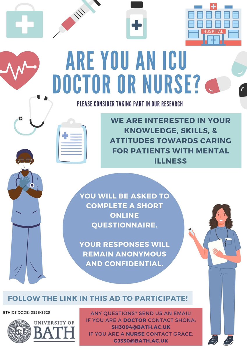 🚨 PARTICIPANTS NEEDED! 🚨

Are you a doctor or nurse with recent ICU experience?
We'd love for you to participate in our short online survey ➡️ uniofbath.questionpro.eu/t/AB3u09DZB3vq…

We want to hear about your experiences working with patients facing mental health challenges 🧠
