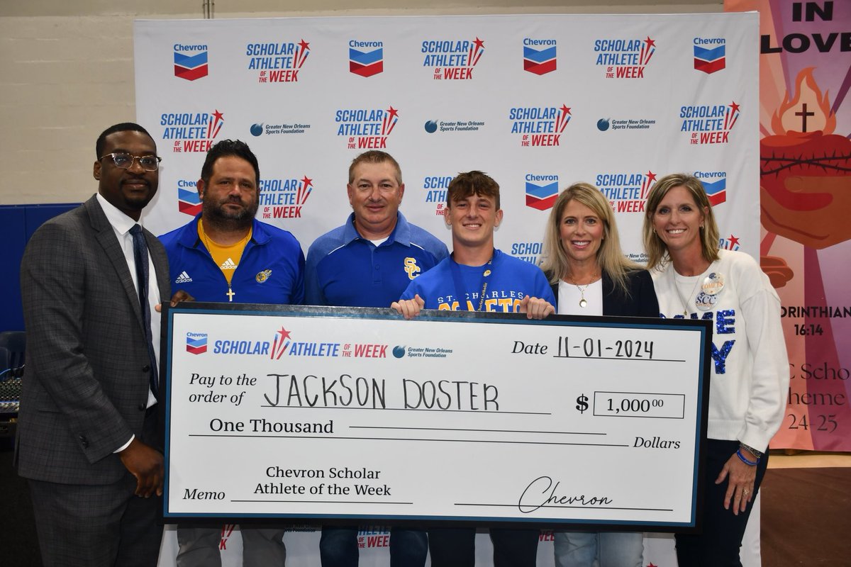 This morning, Jackson Doster was recognized for his dedication on and off the field and presented with a check by Mr. Donald Dunbar, Jr., the Assistant Director of Community Engagement at the Greater New Orleans Sports Foundation.
