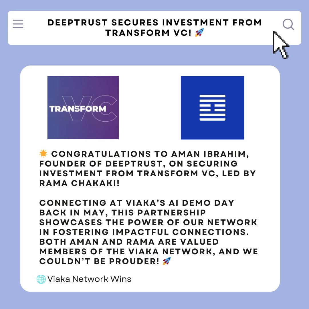 Viaka (@viaka16) on Twitter photo ๐ Huge #ViakaWin! Congrats to <a href="/amanmibra/">Aman Ibrahim</a> of <a href="/deeptrustAI/">DeepTrust</a> on <a href="/transformvc/">Transform VC</a>'s investmentโled by Viaka network member <a href="/rchakaki/">rama chakaki</a>! Amanโs pitch at our AI Demo Day in May clearly left an impression. Proud to see these two come together! ๐ #ViakaNetwork #networkdoesitall #VC #AI ๐ Huge #ViakaWin! Congrats to <a href="/amanmibra/">Aman Ibrahim</a> of <a href="/deeptrustAI/">DeepTrust</a> on <a href="/transformvc/">Transform VC</a>'s investmentโled by Viaka network member <a href="/rchakaki/">rama chakaki</a>! Amanโs pitch at our AI Demo Day in May clearly left an impression. Proud to see these two come together! ๐ #ViakaNetwork #networkdoesitall #VC #AI