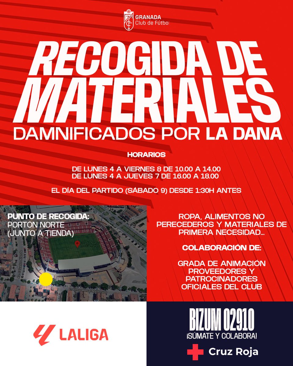 📦 El Granada CF organiza una recogida solidaria para los damnificados por la DANA.

📍 Portón Norte del Estadio Nuevo Los Cármenes (junto a la tienda oficial)

• De lunes a jueves, de 10.00h a 14.00h y de 16.00h a 18.00h
• Viernes, de 10.00h a 14.00h
• Sábado 9 de noviembre,