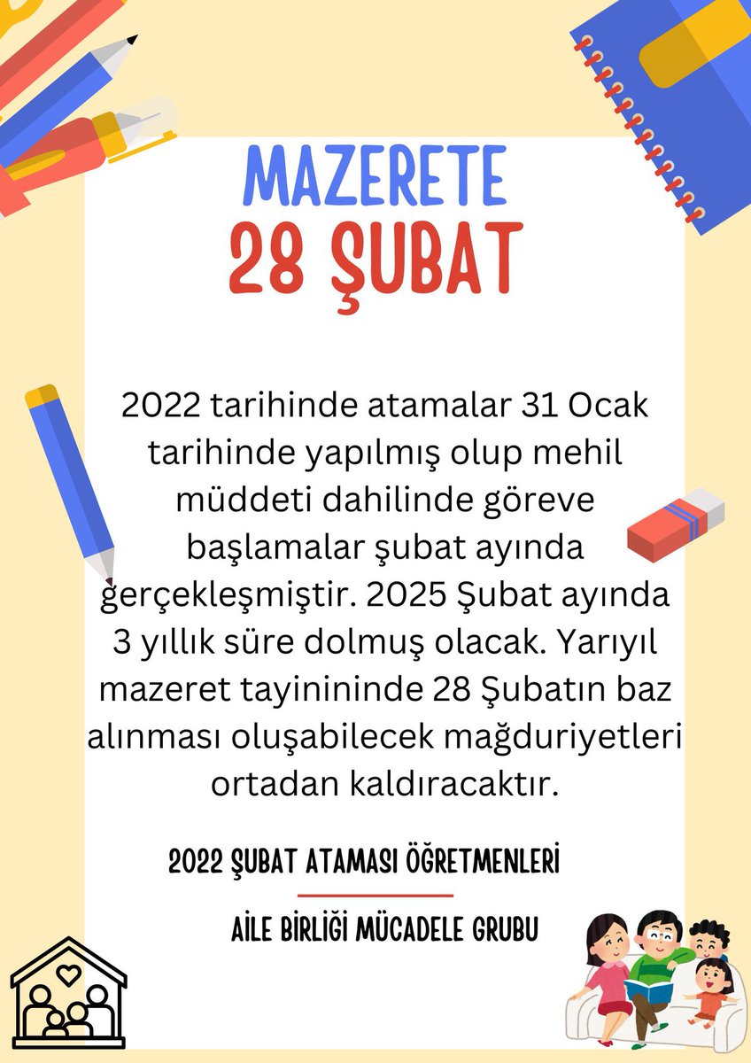 31 Ocak 2022: Atama tarihi 
Şubat 2022 : Göreve Başlama tarihi

Son bir adım kaldı. Yarıyıl mazeret tayini 3 yıllık sürenin hesabında 28 Şubat 2025 i görmek. 

3 yıldır ailesinden ayrı olan öğretmenleri duyun 🙏🏼 <a href="/cftcblnt/">Bülent ÇİFTCİ</a> <a href="/Yusuf__Tekin/">Yusuf Tekin</a> <a href="/mebpgm/">Personel Genel Müdürlüğü</a> 

#MEBMazerette28Subat