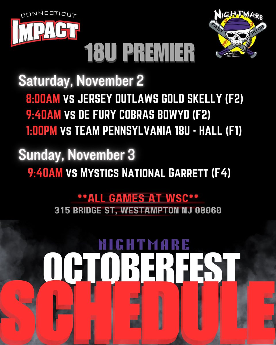 Kaitlin Spring (@kaitlin_spring) on Twitter photo Looking forward to <a href="/nightmarefp/">Nightmare Fastpitch</a> Octoberfest this weekend. I will be playing with <a href="/CTImpact16U_P/">CT Impact 16U Premier</a> on Saturday, and will be back with <a href="/CTimpact18u_P/">CT Impact 18u premier</a> on Sunday. Below are both schedules⬇️⬇️ <a href="/CTImpactSB/">Connecticut Impact Softball Club 2025</a> <a href="/Coach_Craig12/">Craig Sears</a> <a href="/CoachMikeSB/">Mike Santiago</a> Looking forward to <a href="/nightmarefp/">Nightmare Fastpitch</a> Octoberfest this weekend. I will be playing with <a href="/CTImpact16U_P/">CT Impact 16U Premier</a> on Saturday, and will be back with <a href="/CTimpact18u_P/">CT Impact 18u premier</a> on Sunday. Below are both schedules⬇️⬇️ <a href="/CTImpactSB/">Connecticut Impact Softball Club 2025</a> <a href="/Coach_Craig12/">Craig Sears</a> <a href="/CoachMikeSB/">Mike Santiago</a>
