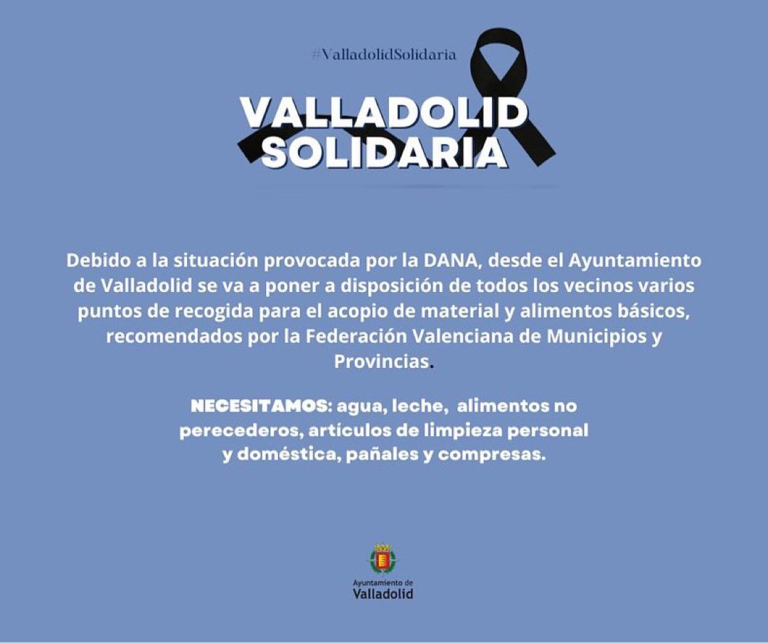 🚨🚨🚨Ayuda a los afectados por la DANA. El <a href="/AyuntamientoVLL/">Ayto. de Valladolid</a> pone a disposición de los vecinos varios puntos de recogida este fin de semana en tres centros cívicos para el acopio de material y alimentos recomendados por la Federación Valenciana de Municipios y Provincias.