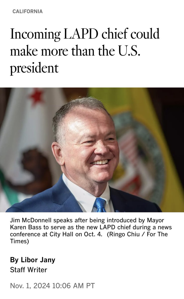 AxumSelassie's tweet photo. LAPD’s new chief Jim McDonnell will be pocketing an annual salary of $507,509. That’s on top of the $254,010 yearly pension he gets since he retired from the LAPD in 2010. https://t.co/yxQOJVQOiQ