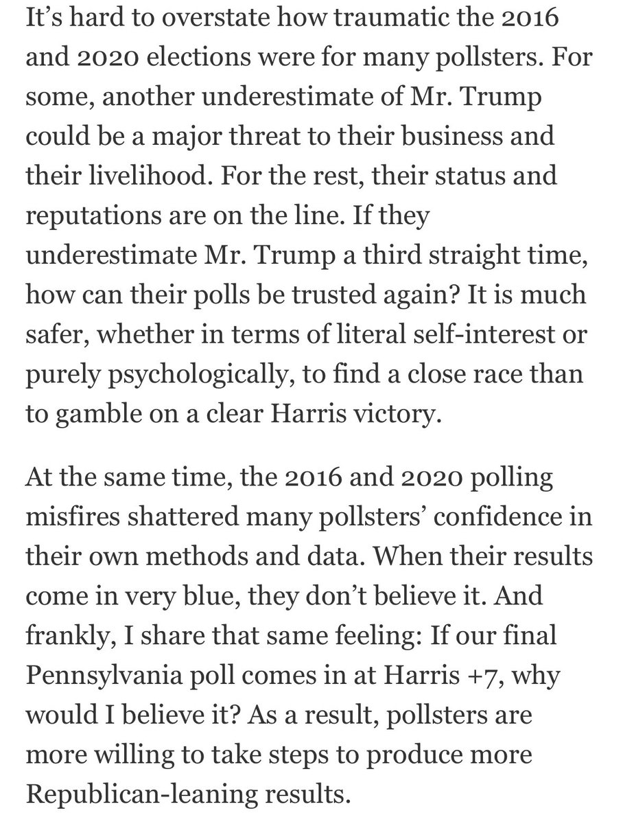 From Nate Cohn’s new article on polling accuracy. 

Basically, pollsters are terrified of being wrong again, so they’re flat-out ignoring “very blue” results. 

“As a result, pollsters are more willing to take steps to produce more Republican-leaning results.”