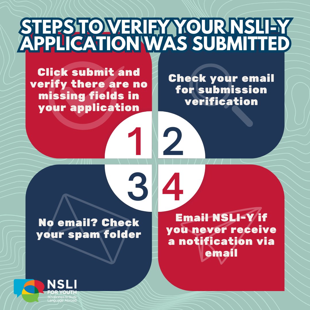 NSLI for Youth (@nsliy) on Twitter photo The NSLI-Y deadline is quickly approaching (November 4th at 4pm ET)! We encourage you to apply early. Once you hit submit, follow these steps to ensure that you successfully submitted the application.
Still have questions? Email us at nsliy@americancouncils.org The NSLI-Y deadline is quickly approaching (November 4th at 4pm ET)! We encourage you to apply early. Once you hit submit, follow these steps to ensure that you successfully submitted the application.
Still have questions? Email us at nsliy@americancouncils.org