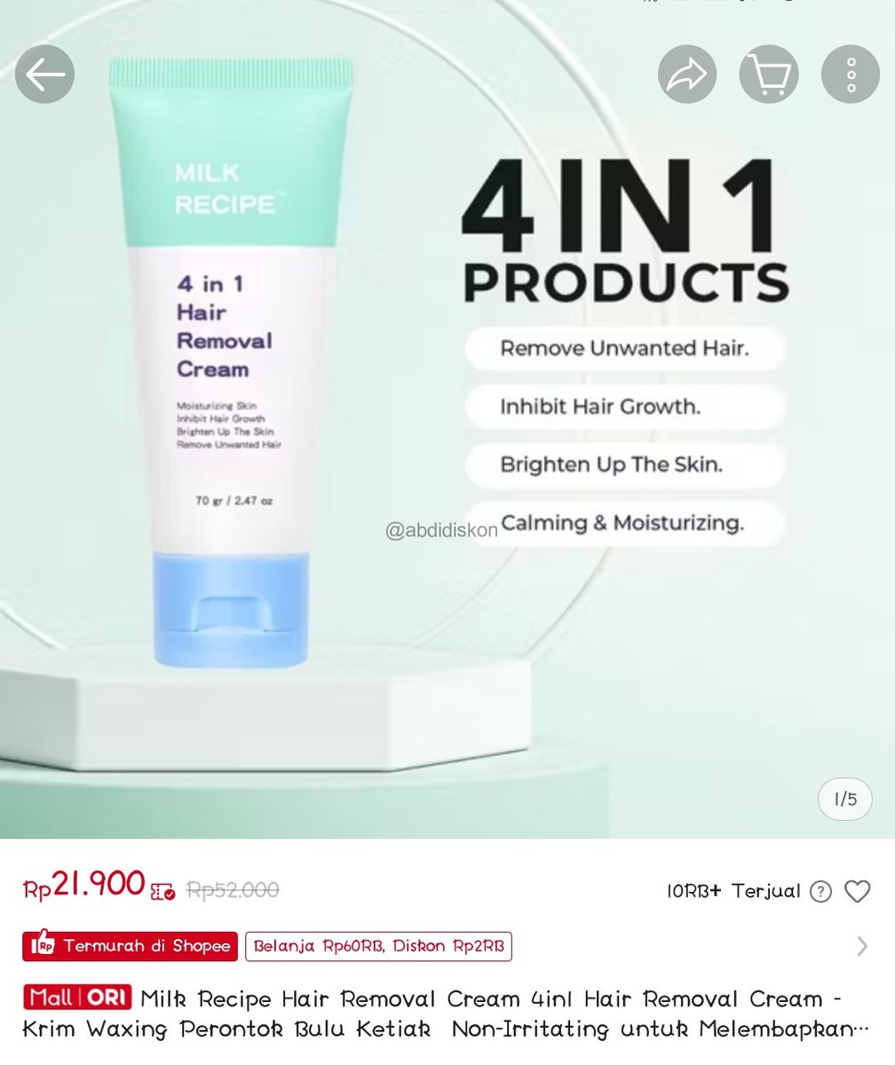Cream 4in1 Hair Removal Cream - Krim Waxing Perontok Bulu Ketiak Anti Iritasi dan Anti Chicken Skin dengan Niacinamide dengan harga Rp22.900. 
s.shopee.co.id/5pqd9tfNOJ
