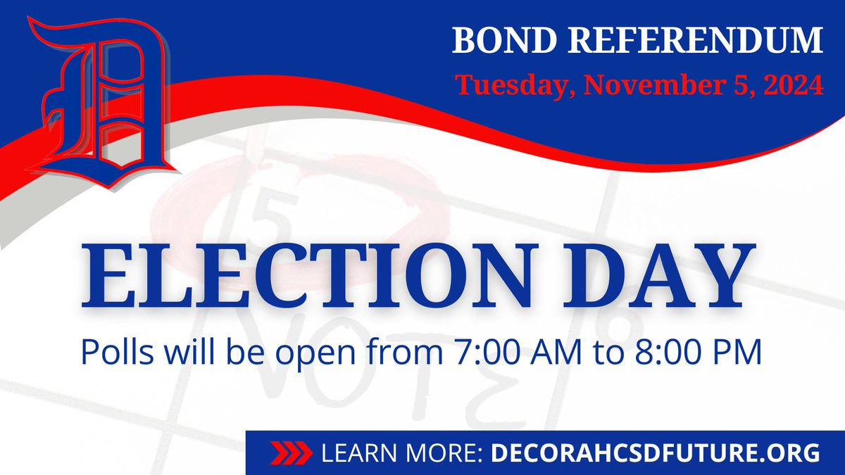 Today is election day! There is a bond issue on the ballot for Decorah CSD.

A valid ID is required to vote. Find voting and polling place information: sos.iowa.gov/elections

Learn more about the proposed bond: decorahcsdfuture.org
