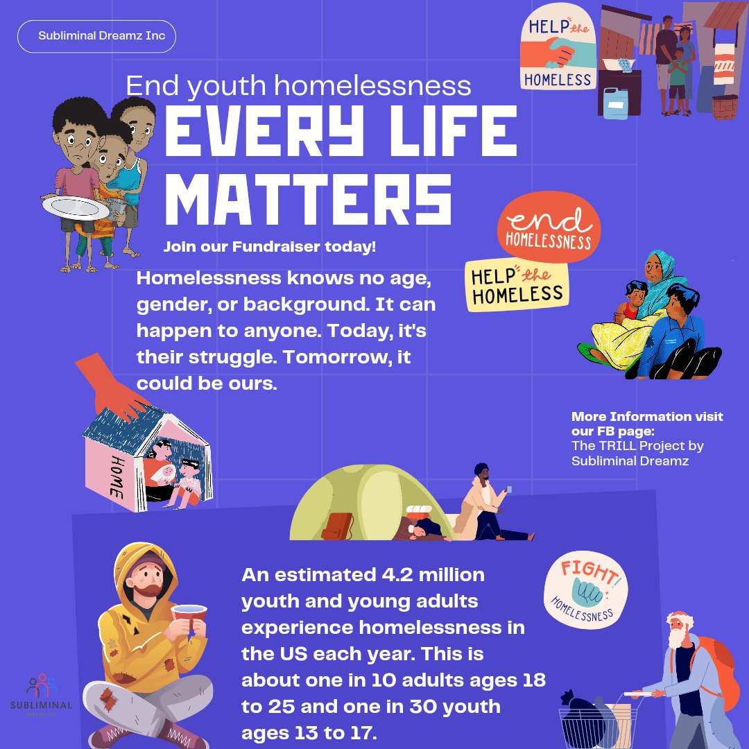 Subliminal4Life's tweet photo. An estimated 4.2 million youth and young adults experience homelessness in the US each year. This is about one in 10 adults ages 18 to 25 and one in 30 youth ages 13 to 17.  #mentalhealthadvocate #youthmentalhealth #youthempowerment https://t.co/xtPPX3wO14