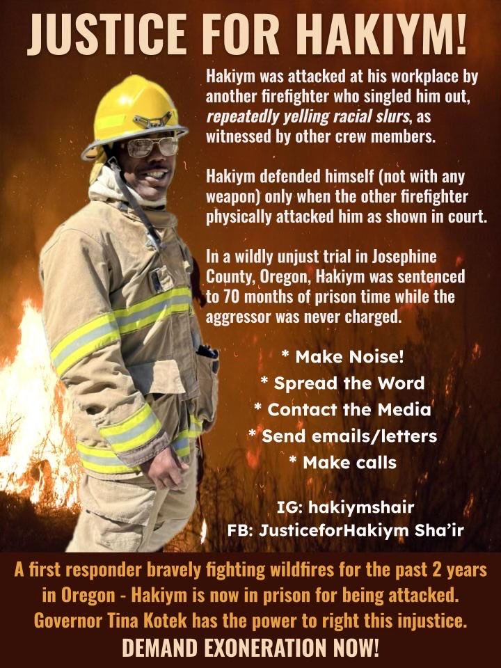 Allie R @allieeerose.bsky.social (@allieeerose) on Twitter photo Hakiym was sentenced to 70mths in prison for defending himself against a hate crime while on a fire crew this summer. <a href="/GovTinaKotek/">Governor Tina Kotek</a> can reverse this + show she takes addressing OR's longstanding racism seriously. #FreeHakiym
Take action to #FreeHakiym: cryptpad.fr/pad/#/2/pad/ed… Hakiym was sentenced to 70mths in prison for defending himself against a hate crime while on a fire crew this summer. <a href="/GovTinaKotek/">Governor Tina Kotek</a> can reverse this + show she takes addressing OR's longstanding racism seriously. #FreeHakiym
Take action to #FreeHakiym: cryptpad.fr/pad/#/2/pad/ed…
