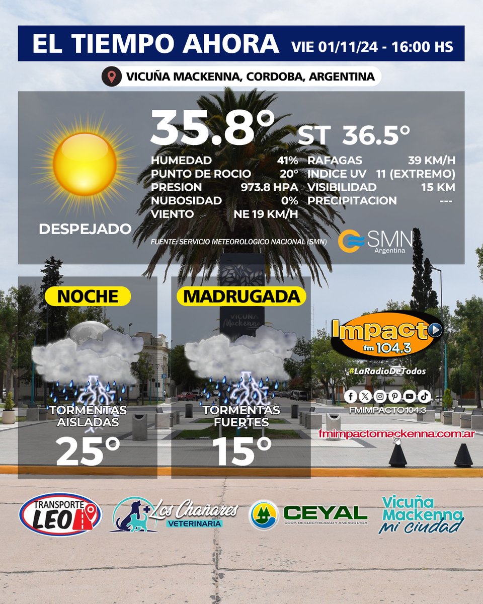 fmimpacto1043's tweet photo. ☀️🌧 #Clima #EstadoDelTiempo ⛅️☁️

⭕ EL TIEMPO AHORA EN #VicuñaMackenna
VIE 01/11/2024 - 🕓 HORA 16:00

👉 La tarde se presenta con cielo Despejado.

@smn_argentina 

Buenas tardes y buen san Viernes para todos!!! 👋

#Temperatura #SensacionTermica #SMN https://t.co/nYLuqK7jTK