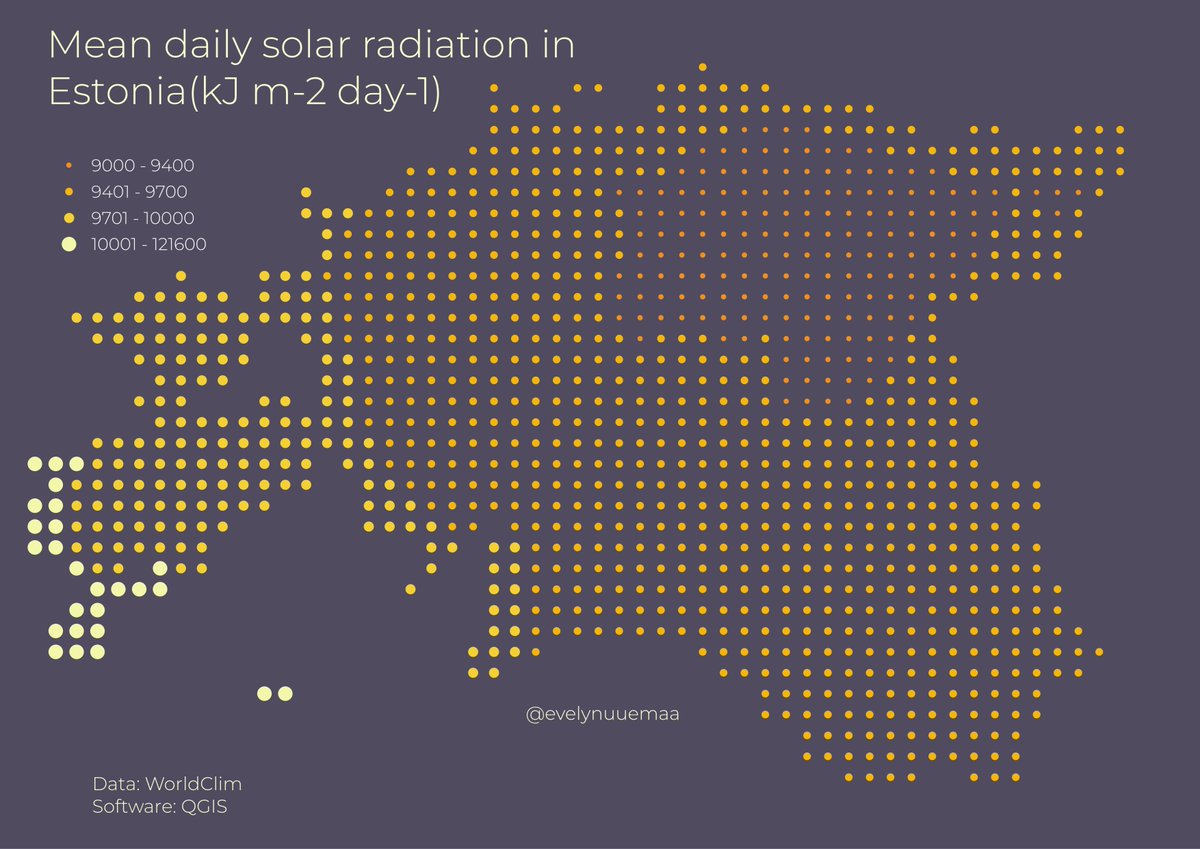 Day 1 Points: mean daily solar radiation in #Estonia. Islanders are lucky with the sun 😄🌞 Data from WorldClim - needed to prepare some data for the students in my #Spatial Data Studio course #30DayMapChallenge #QGIS