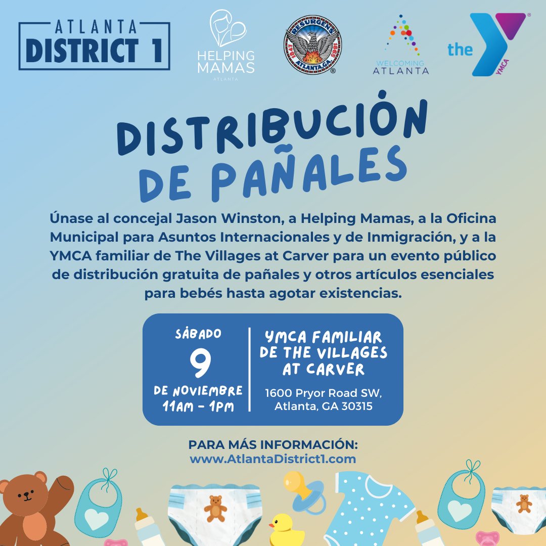 Jason Winston (@jasonhwinston) on Twitter photo 📢 JOIN US: I’m excited to partner with @helpingmamas, <a href="/WelcomingATL/">Welcoming Atlanta</a>, and <a href="/carverymca/">Villages at Carver Y</a> for a walk-up diaper distribution event, providing free diapers and essential baby items!
🗓 Saturday, November 9
🕚 11 a.m. to 1 p.m.
📍 The Villages at Carver Family YMCA 📢 JOIN US: I’m excited to partner with @helpingmamas, <a href="/WelcomingATL/">Welcoming Atlanta</a>, and <a href="/carverymca/">Villages at Carver Y</a> for a walk-up diaper distribution event, providing free diapers and essential baby items!
🗓 Saturday, November 9
🕚 11 a.m. to 1 p.m.
📍 The Villages at Carver Family YMCA