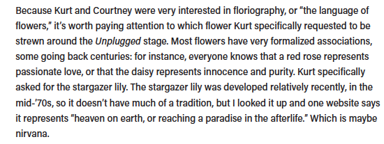 michaelazerrad's tweet photo. Since it's the 30th anniversary of Nirvana's Unplugged album, here's an annotation from _The Amplified Come as You Are: The Story of Nirvana_ about the flowers Kurt specifically requested for the show. https://t.co/MRaBO3ojJj