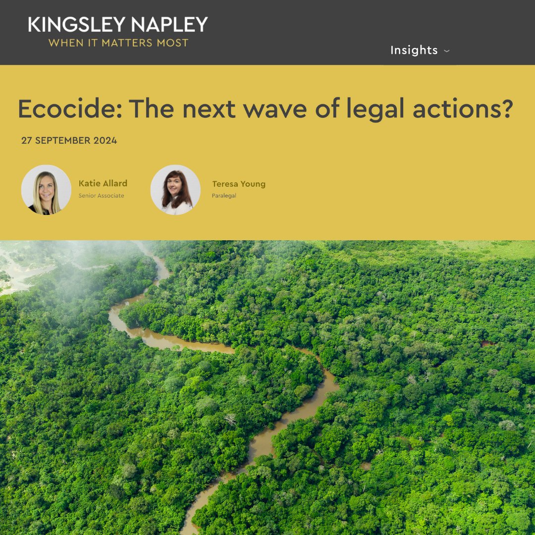 "Ecocide laws look set to revolutionise ESG litigation in the coming years"🌲

Read the blog piece by Katie Allard (Senior Associate) and Teresa Young (Paralegal) of <a href="/kingsleynapley/">Kingsley Napley LLP</a> about recent #ecocidelaw progress!

Full piece HERE ➡️: kingsleynapley.co.uk/insights/blogs…

#StopEcocide