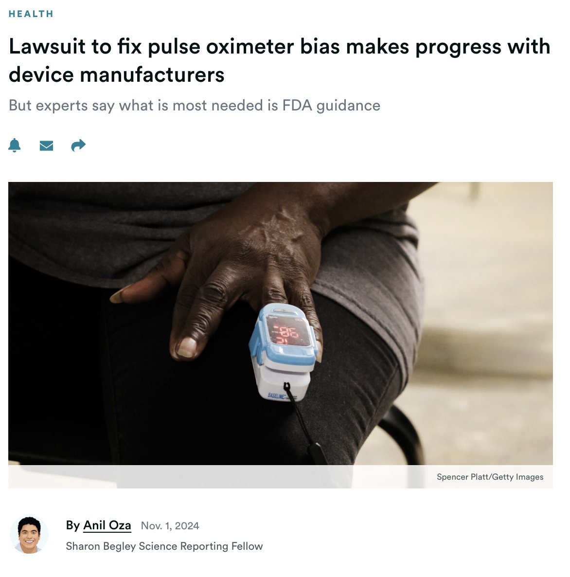 anil oza (@aniloza16) on Twitter photo a lawsuit by <a href="/RootsCommunity/">Roots Community</a> to push manufacturers to fix racial biases in pulse oximeters is moving forward — w/ several companies incl. <a href="/Medtronic/">Medtronic</a> settling
but, experts we talked to are waiting for the FDA to update its guidelines
<a href="/tsvalley/">Tom Valley</a> <a href="/gerke_sara/">Sara Gerke</a> <a href="/NohaAboelataMD/">Noha Aboelata, MD</a> a lawsuit by <a href="/RootsCommunity/">Roots Community</a> to push manufacturers to fix racial biases in pulse oximeters is moving forward — w/ several companies incl. <a href="/Medtronic/">Medtronic</a> settling
but, experts we talked to are waiting for the FDA to update its guidelines
<a href="/tsvalley/">Tom Valley</a> <a href="/gerke_sara/">Sara Gerke</a> <a href="/NohaAboelataMD/">Noha Aboelata, MD</a>