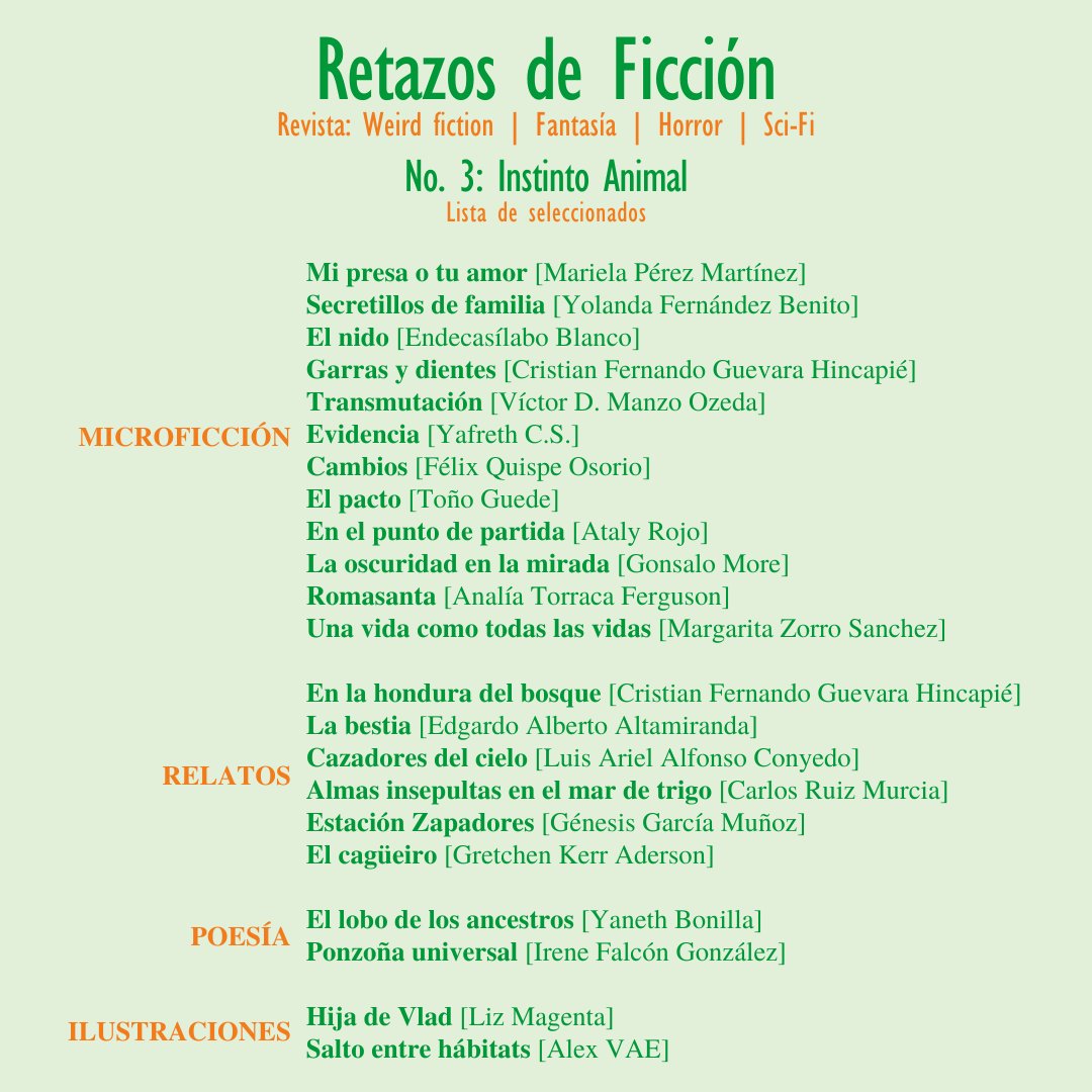 ¡Tenemos lista de seleccionados para el N.3 Instinto Animal! Se publicará el 10 de diciembre. Muchas gracias a todos por sus maravillosas obras y por apoyar a la Asociación Chikitín al Rescate Gatuno 🐱.

#revista
<a href="/yolanda58209721/">Yolanda Fernández Benito</a> <a href="/ataly/">Ataly🌼</a> <a href="/lordcharlie87/">Detective Salvaje 🕵🏻‍♂️</a> @Pinkiepages <a href="/alex_vae/">Alex VAE ✝️🇨🇷 Comisiones abiertas</a>
