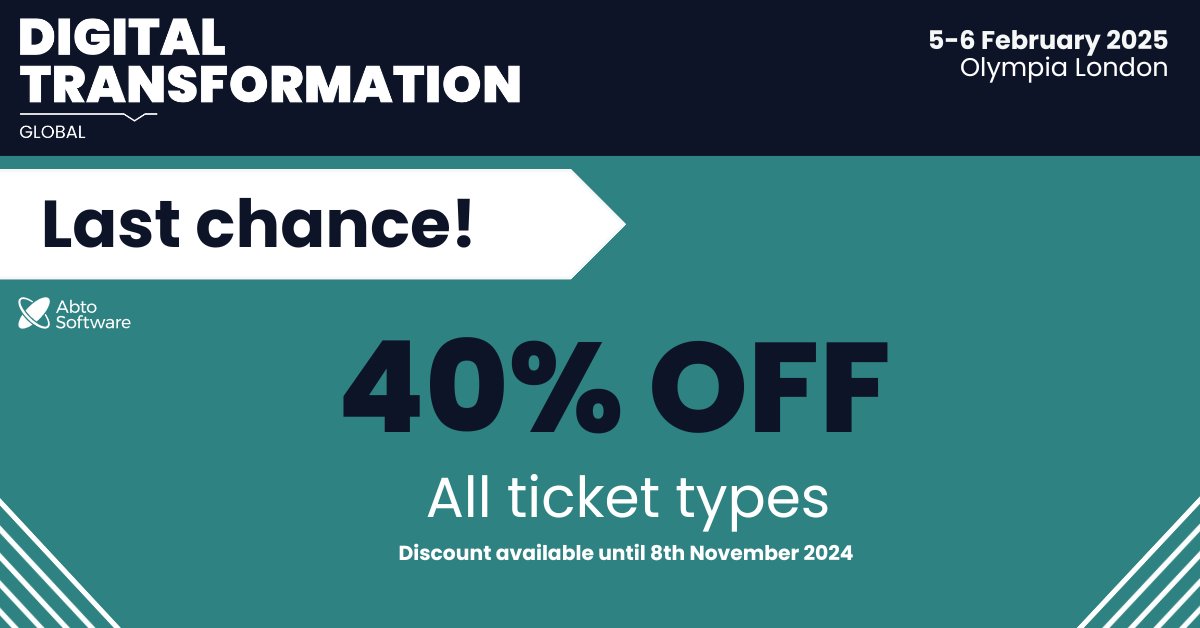 Abto Software (@abtosoftware) on Twitter photo Join Abto Software at Digital Transformation Week Expo Global 2025, happening from February 5-6 at Olympia, London!
Register Now to secure your spot and save 40% on tickets: digitaltransformation-week.com/global/
#DigitalTransformationWeek #TechEx <a href="/DigitalTWeek/">Digital Transformation Week</a> Join Abto Software at Digital Transformation Week Expo Global 2025, happening from February 5-6 at Olympia, London!
Register Now to secure your spot and save 40% on tickets: digitaltransformation-week.com/global/
#DigitalTransformationWeek #TechEx <a href="/DigitalTWeek/">Digital Transformation Week</a>