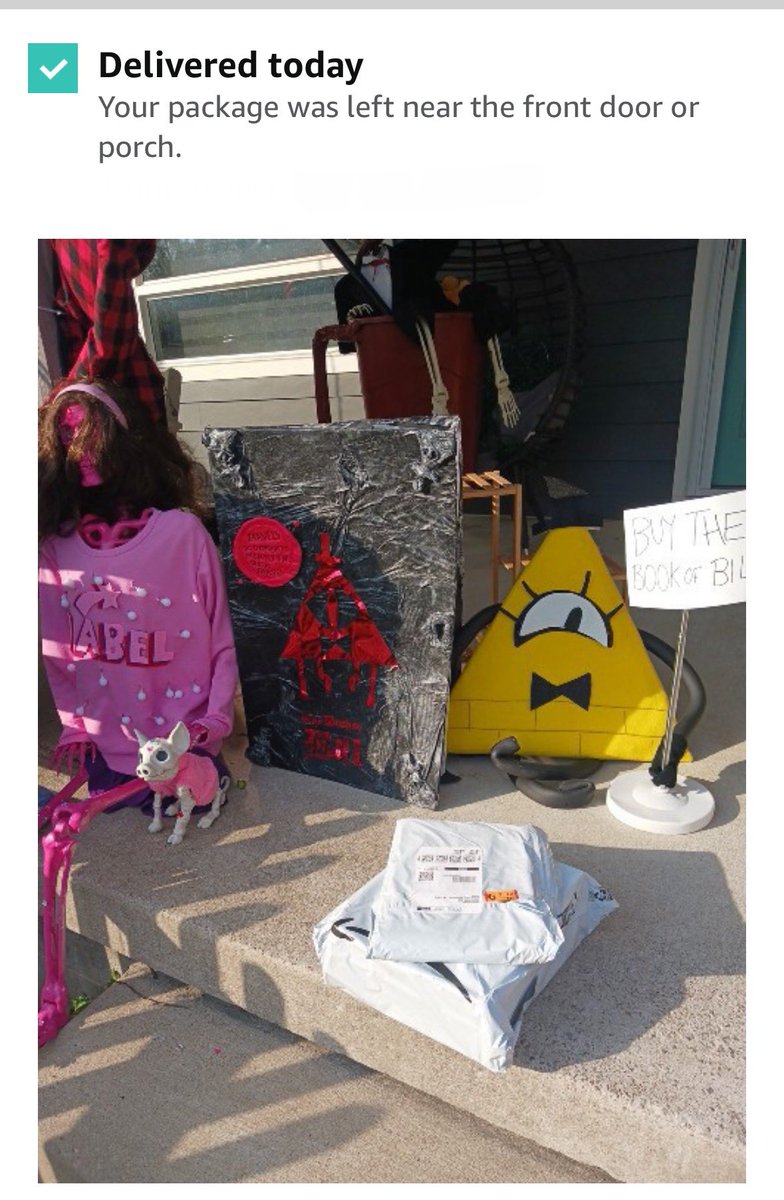 JennyEatWorld's tweet photo. Seems very on brand for #GravityFalls to have a very rainy Halloween, but the skeletons of GRAVE-ITY FALLS had a blast - and yes skeleton @_AlexHirsch made a cameo. Also particularly amusing to bomb our @amazon and @HelloFresh delivery pictures promoting #TheBookOfBill  😁 https://t.co/vNnnUxaARF