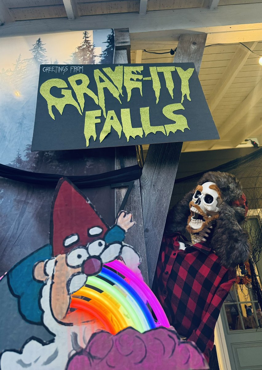 JennyEatWorld's tweet photo. Seems very on brand for #GravityFalls to have a very rainy Halloween, but the skeletons of GRAVE-ITY FALLS had a blast - and yes skeleton @_AlexHirsch made a cameo. Also particularly amusing to bomb our @amazon and @HelloFresh delivery pictures promoting #TheBookOfBill  😁 https://t.co/vNnnUxaARF
