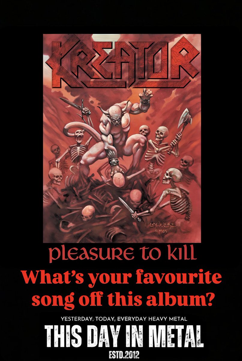 ThisDayInMETAL's tweet photo. Nov 1st 1986 𝐊𝐫𝐞𝐚𝐭𝐨𝐫 released the GREAT album "Pleasure To Kill" #RippingCorpse #DeathIsYourSaviour #RiotOfViolence #ThrashMetal

𝐃𝐢𝐝 𝐲𝐨𝐮 𝐤𝐧𝐨𝐰...
It’s widely considered a thrash metal classic, as well as a landmark album in the history of thrash metal. https://t.co/WgwFZd3YkV