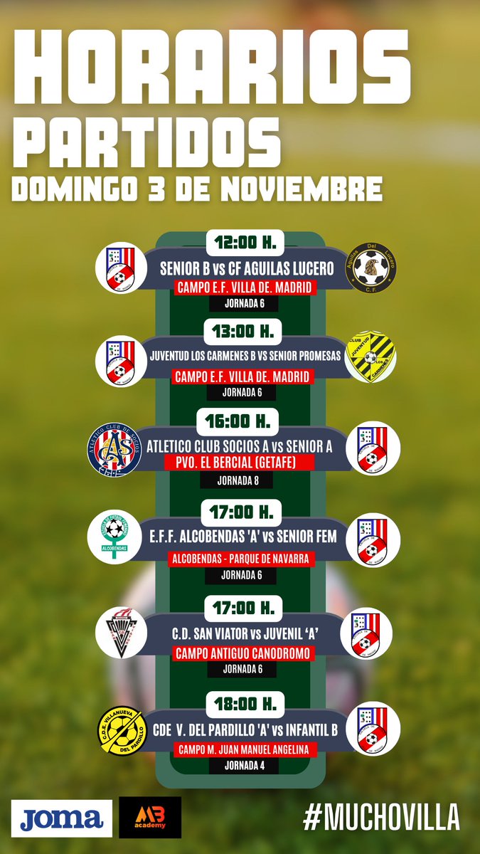 Horarios de los partidos de este fin de semana (2 y 3 de Noviembre) ¡Os esperamos! #MuchoVilla 🔴⚫️🔥