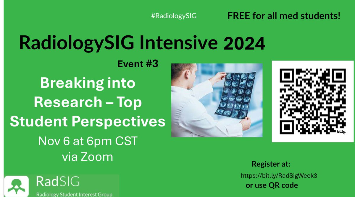 Judy Gadde, DO, MBA (@judygadde) on Twitter photo 🥳Want to learn how to get started in radiology research? Tune in to our next <a href="/RadiologySIG/">Radiology Student Interest Group</a> Intensive event next Wed 11/6 at 6pm Central via Zoom.
Register using the QR code or bit.ly/RadSigWeek3
#futureradres #RadiologySIG #research #radiology 🥳Want to learn how to get started in radiology research? Tune in to our next <a href="/RadiologySIG/">Radiology Student Interest Group</a> Intensive event next Wed 11/6 at 6pm Central via Zoom.
Register using the QR code or bit.ly/RadSigWeek3
#futureradres #RadiologySIG #research #radiology