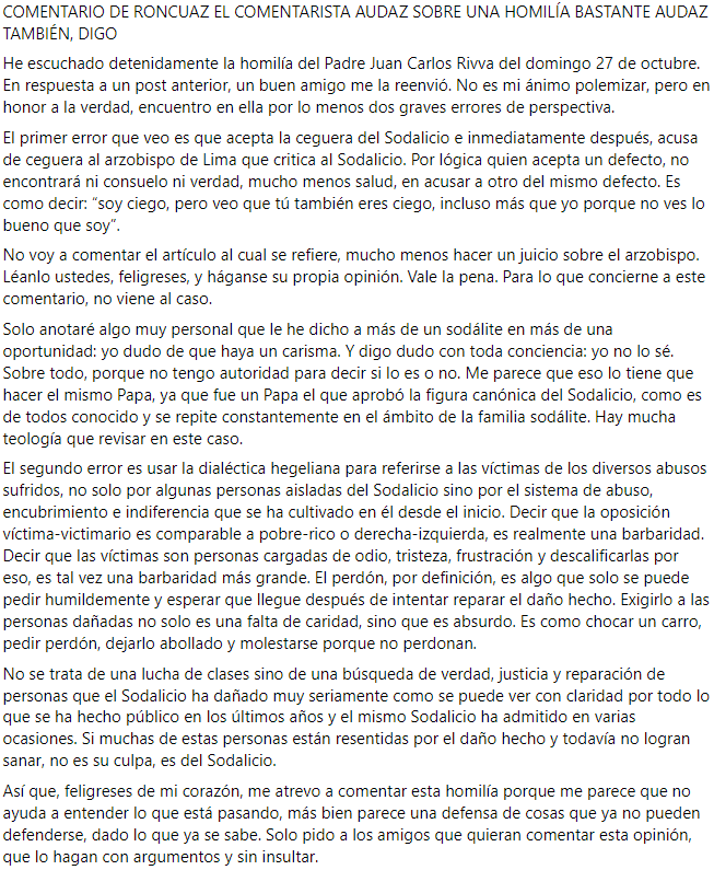 ScheuchMartin's tweet photo. Comentario en Facebook de Manuel Rodríguez Canales, adherente sodálite, sobre la homilía del cura sodálite Juan Carlos Rivva en la Parroquia Nuestra Señora de la Reconciliación (27 de octubre). https://t.co/RPOQN2wBEv