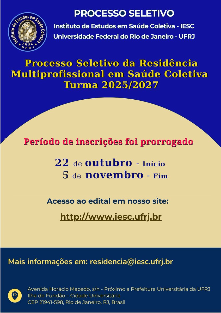 O período de Inscrições foi Prorrogado
Curso de Residência Multiprofissional em Saúde Coletiva - Edital nº. 838 de 7 de outubro de 2024
Edital N° 838, de 07 de outubro de 2024
Cronograma - iesc.ufrj.br
Referências bibliográficas - iesc.ufrj.br