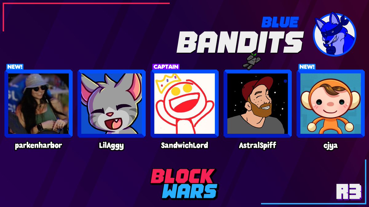 Block Wars (@blockwarsevent) on Twitter photo 📢Blue Team Announcement📢
<a href="/parkenharbor/">parky</a> <a href="/LilAggyTV/">LilAggy</a> <a href="/SandwichLord690/">SandwichLord🎗️</a> <a href="/AstralSpiff/">AstralSpiff</a> <a href="/cjyaTV/">cjya</a> will be representing the Bandits for Block Wars Rookies 3! 🥳
Watch them live on November 9th at 2pm EST! 📢Blue Team Announcement📢
<a href="/parkenharbor/">parky</a> <a href="/LilAggyTV/">LilAggy</a> <a href="/SandwichLord690/">SandwichLord🎗️</a> <a href="/AstralSpiff/">AstralSpiff</a> <a href="/cjyaTV/">cjya</a> will be representing the Bandits for Block Wars Rookies 3! 🥳
Watch them live on November 9th at 2pm EST!
