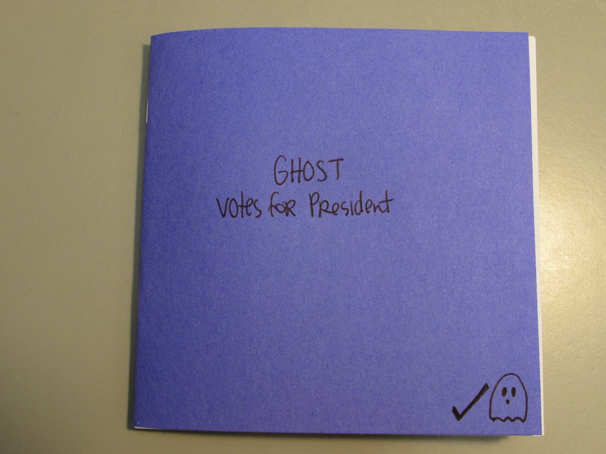 sfpl's tweet photo. BREAKING NEWS! Just in time for #Election2024, Miss Kate has come out w/ a sequel to Ghost Visits the Library #zine, &amp; this one is GHOST VOTES FOR PRESIDENT! How does Ghost go about the process? Who does Ghost vote for? You'll have to pick up a copy of the new zine to find out!👻 https://t.co/rlZwITDz1J
