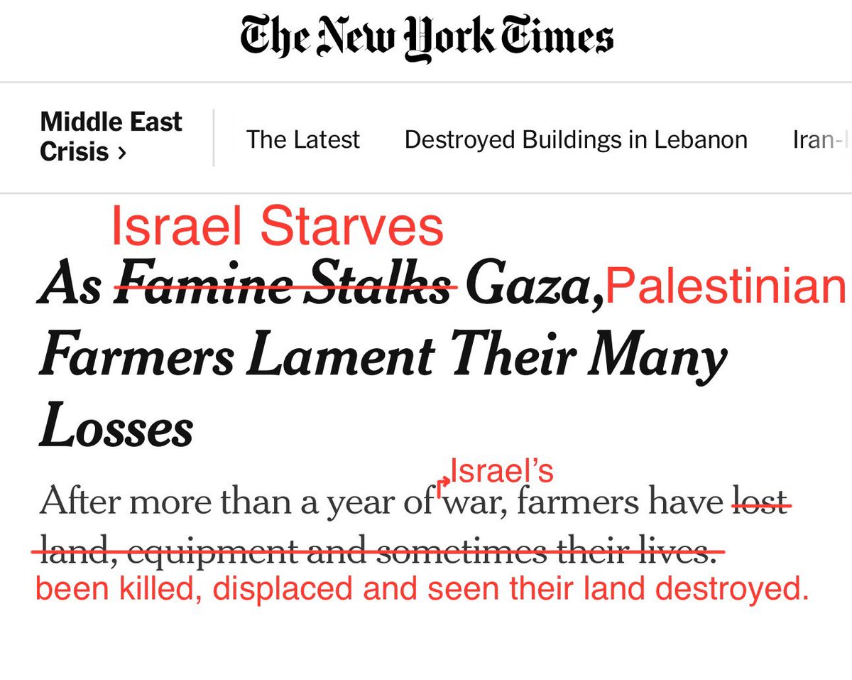 AssalRad's tweet photo. No mention of Israel in a story about Gaza famine and destruction? Ridiculous headline.

-Famine isn’t stalking Gaza, Israel is deliberately starving it
-Palestinian farmers aren’t losing their land, Israel is destroying it
-They’re not losing their lives, Israel is killing them https://t.co/GRjbyF7tAo