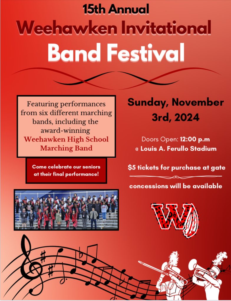 Our BAND FESTIVAL is this Sunday, November 3rd! 🎶

It starts at 1:00 PM but doors open at 12:00 pm. 

Location: Weehawken Stadium (Louis A. Ferullo Staidum) 

Come support our band and 5 other marching band including Lyndhurst, Memorial, Union city, Garfield and Rutherford!