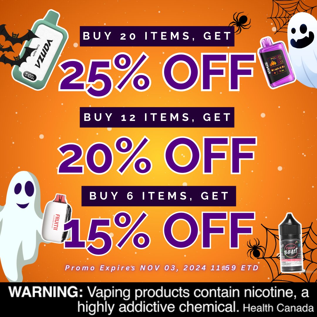 VapeKingdomCa's tweet photo. 🍬🎃 No Tricks, Just Treats: Halloween Sale Up to 25% Off!

Buy 6 items get 15% off!
Buy 12 items get 20% off!
Buy 20 items get 25% off!

🛍️ Shop now at https://t.co/lCpIGSXOof
⏰ Promo Expires NOV 03, 2024 11:59 ETD

#HalloweenSale #HalloweenDeals #HappyHalloween  #VapeKingdom https://t.co/DQ06uHH82M