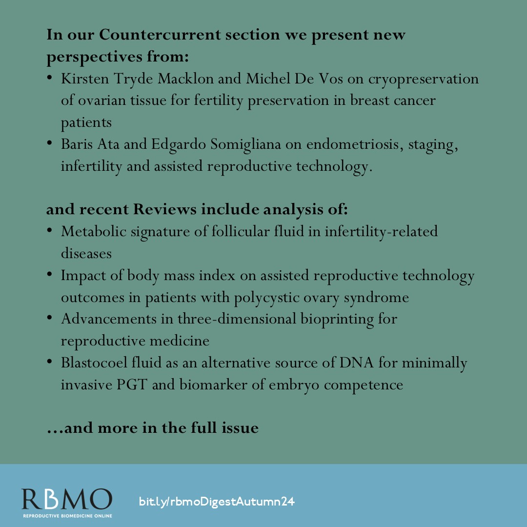 Reproductive BioMedicine Online (@rbmonline) on Twitter photo The Autumn 2024 edition of RBMO Digest is now available on our website
Catch up with our regular round up of specially selected articles from recent issues of the journal
Find it on our website now:
bit.ly/rbmoDigestAutu…
#RBMOdigest #ClinicalAssistedReproductiveTechnology The Autumn 2024 edition of RBMO Digest is now available on our website
Catch up with our regular round up of specially selected articles from recent issues of the journal
Find it on our website now:
bit.ly/rbmoDigestAutu…
#RBMOdigest #ClinicalAssistedReproductiveTechnology